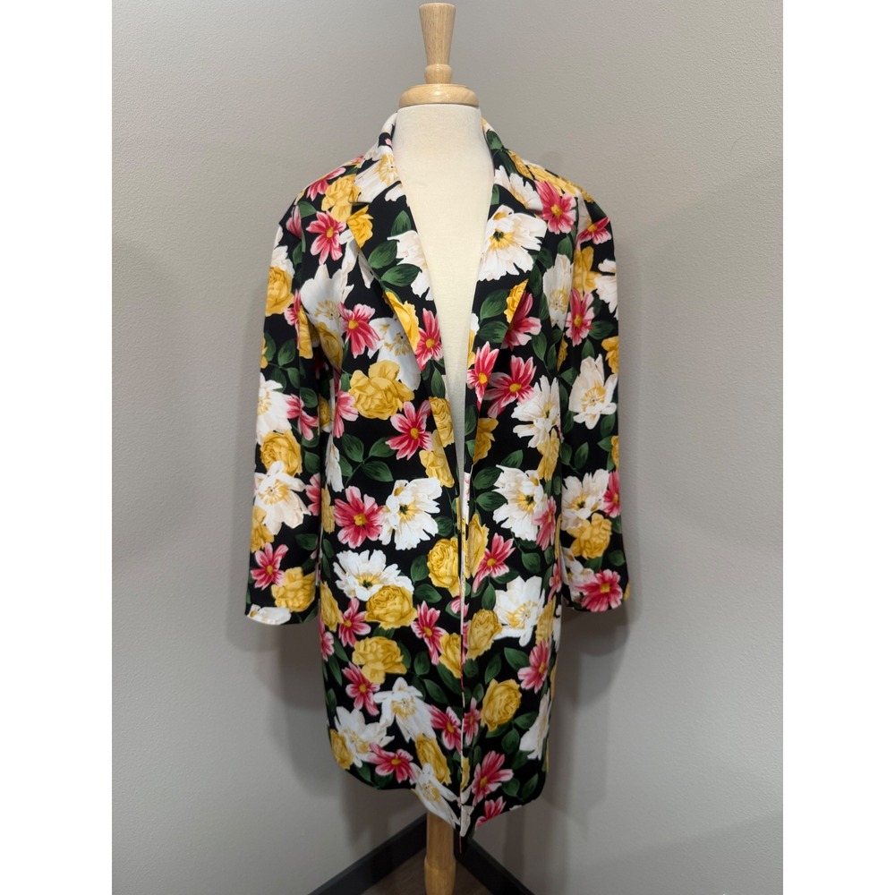 T Tahari Floral Blazer Coat Jacket Womens Medium M Black Yellow‎ Rose Longline